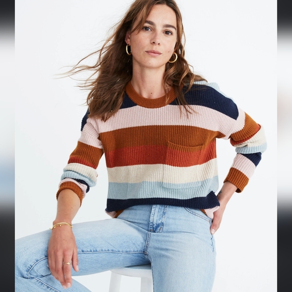 Madewell Sweaters - Madewell Thompson Pocket Pullover Sweater in Rainbow Stripe size large